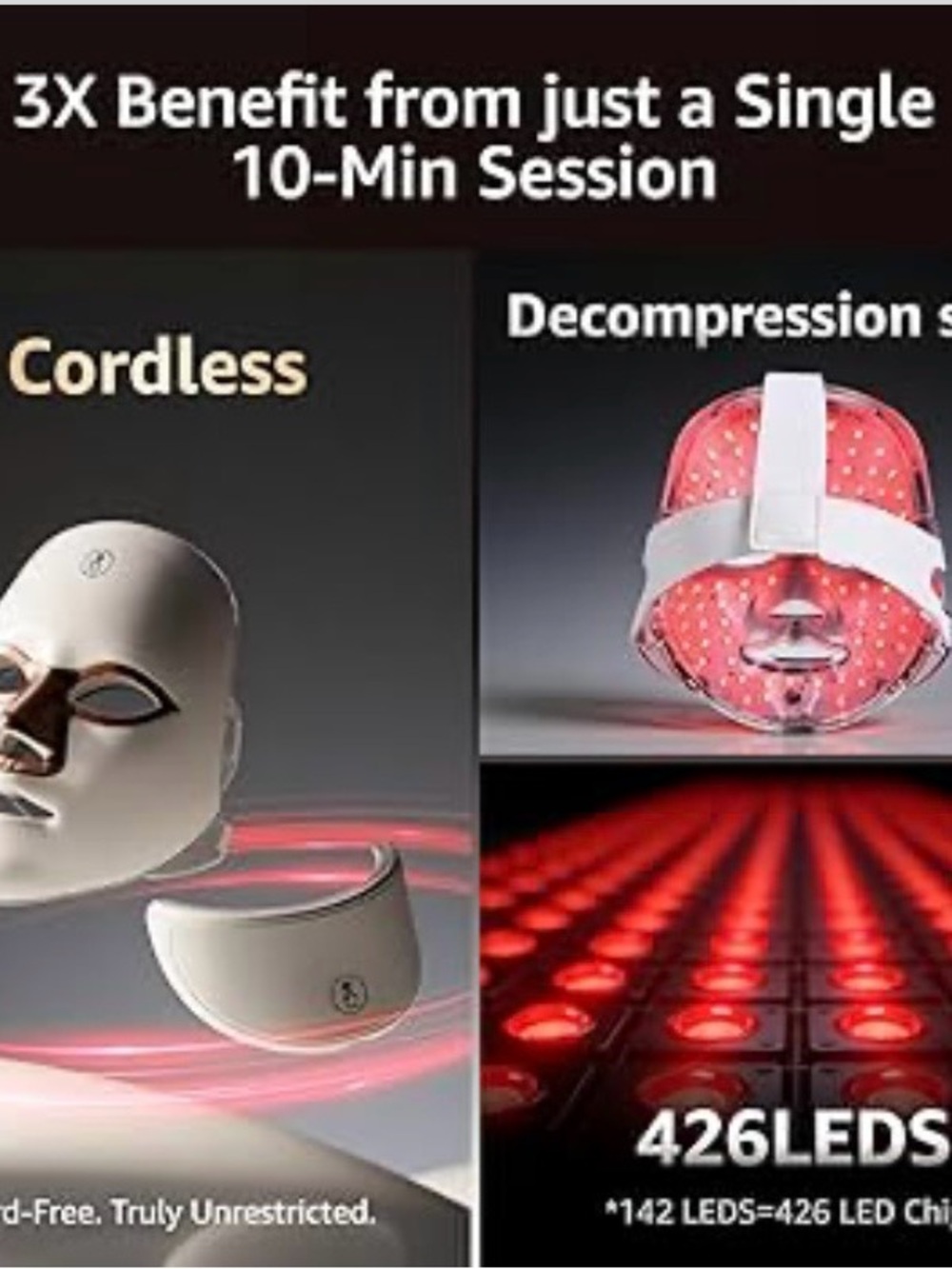 New LED Red Light Face & Neck Mask 7 Modes 426 LEDs Rechargeable Cordless - Picture 4 of 7